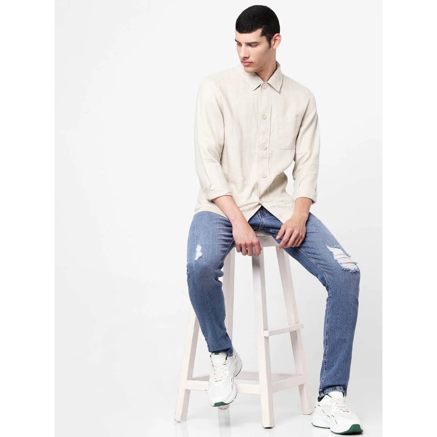 Beige Solid Linen Shirt