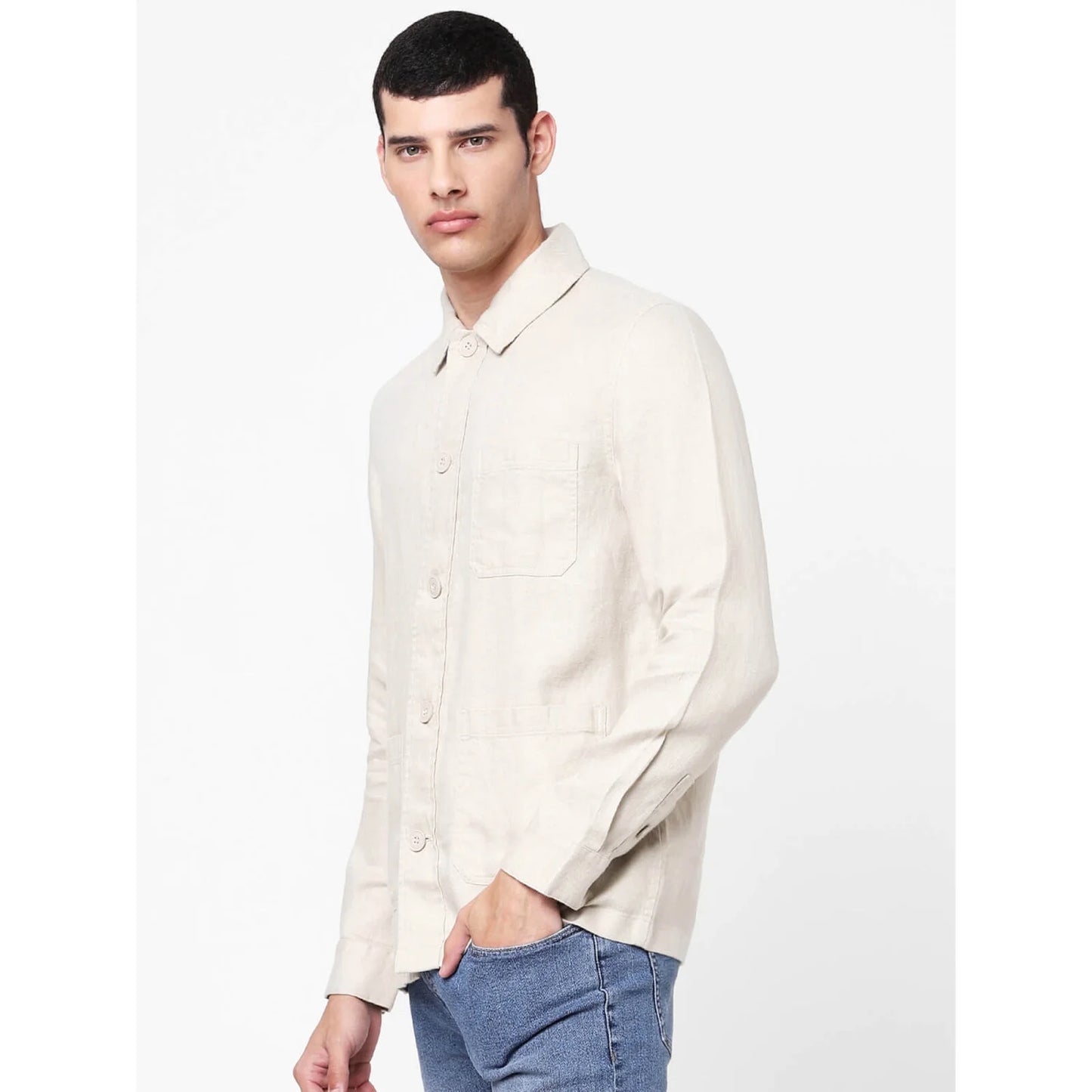 Beige Solid Linen Shirt