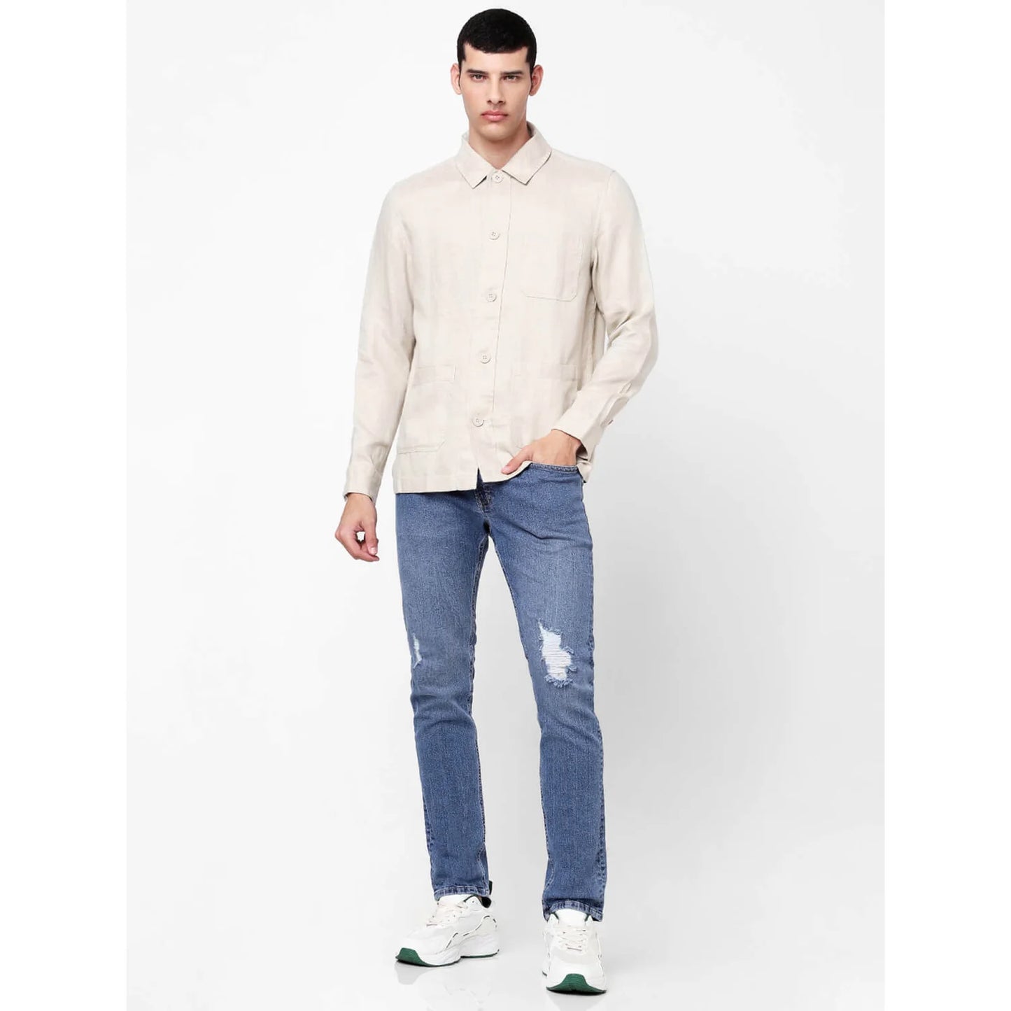 Beige Solid Linen Shirt