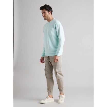 Light Blue Solid Cotton Blend Sweatshirt