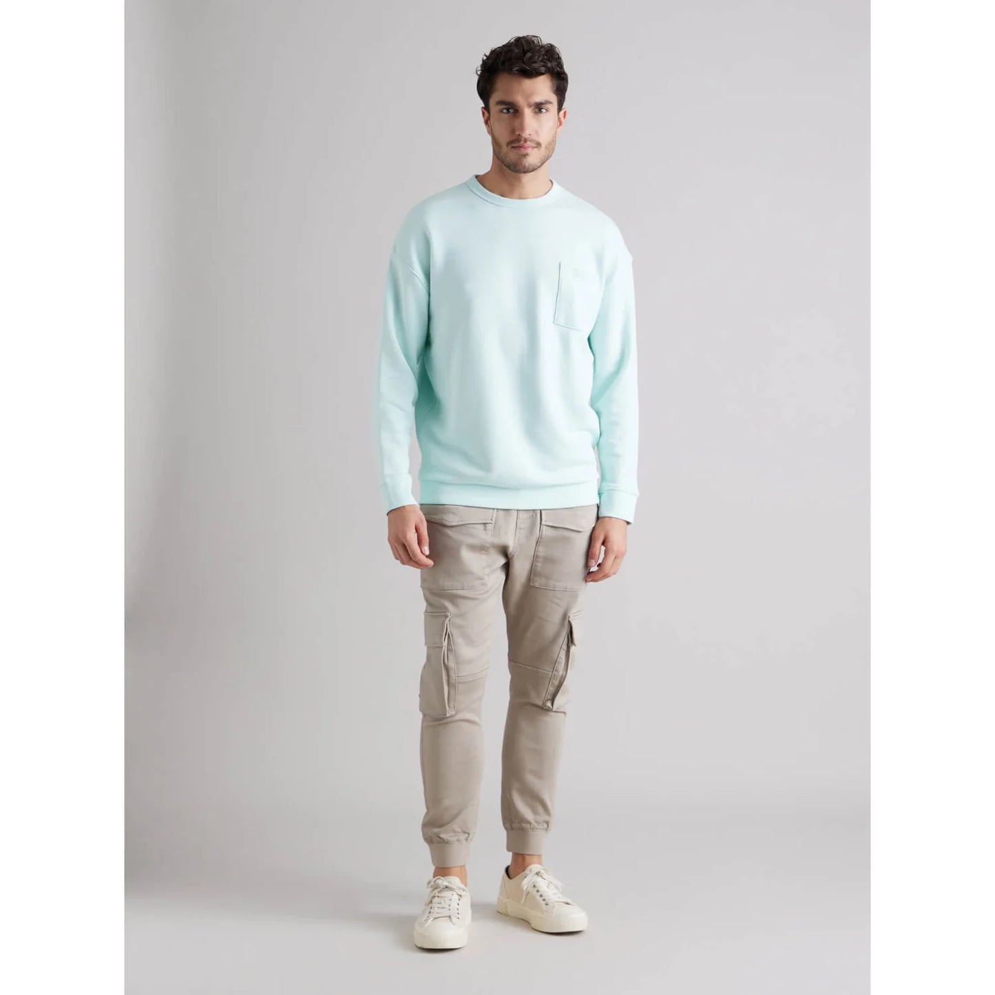 Light Blue Solid Cotton Blend Sweatshirt