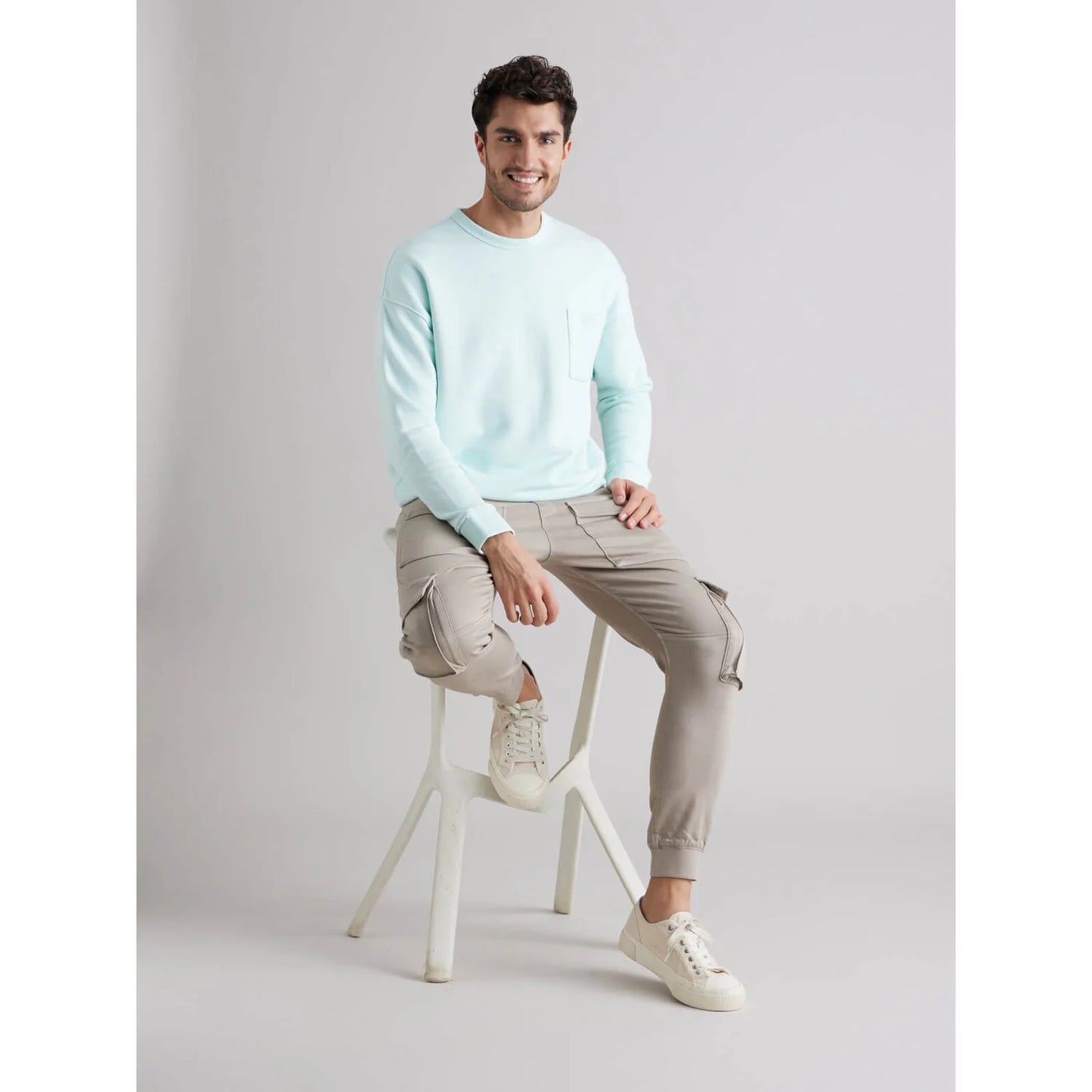 Light Blue Solid Cotton Blend Sweatshirt