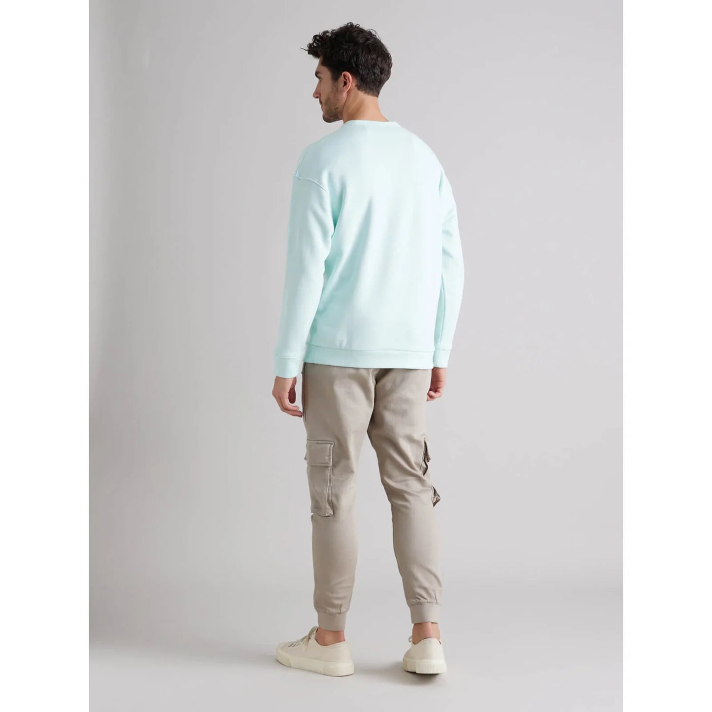 Light Blue Solid Cotton Blend Sweatshirt