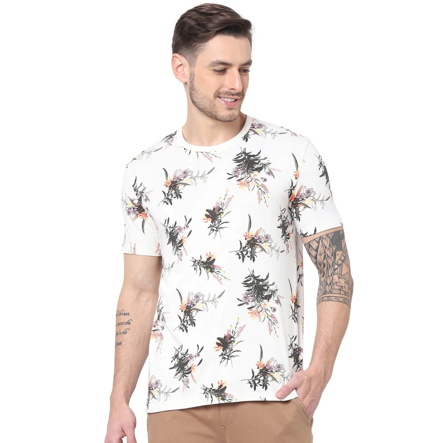 Off White Floral Cotton T-shirt