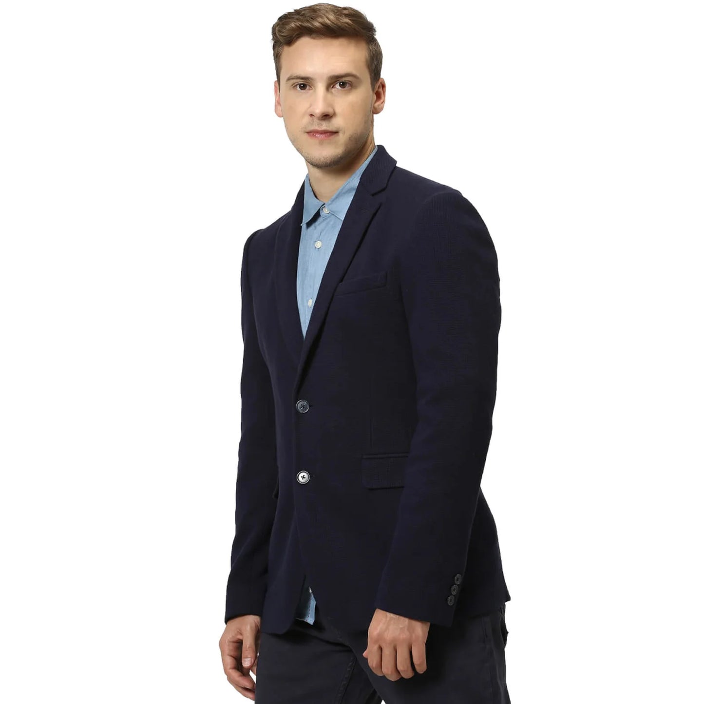 Navy Blue Solid Cotton Blazer