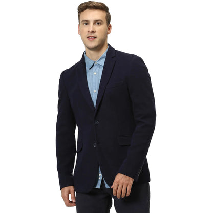 Navy Blue Solid Cotton Blazer