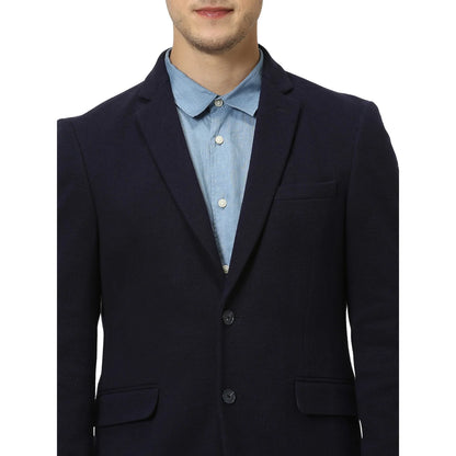 Navy Blue Solid Cotton Blazer