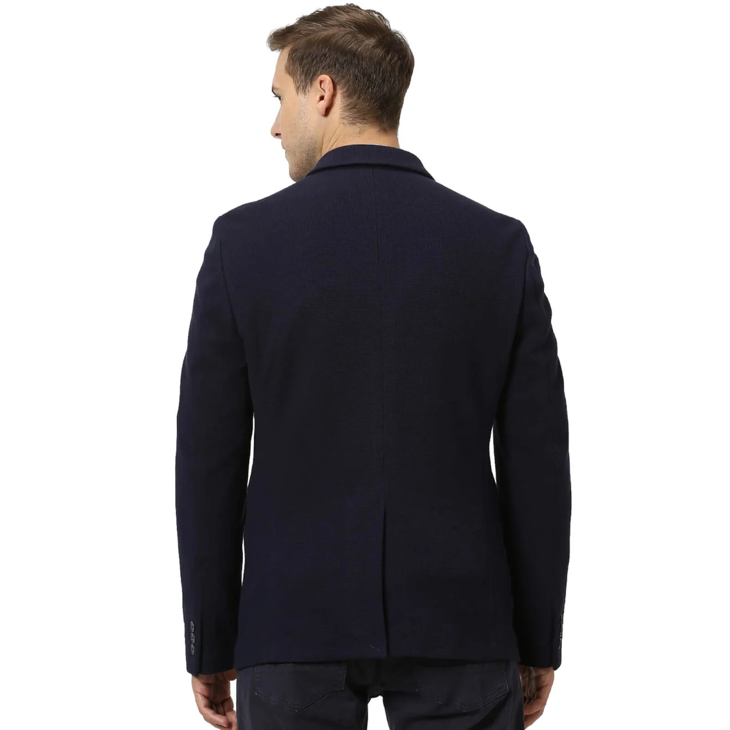 Navy Blue Solid Cotton Blazer