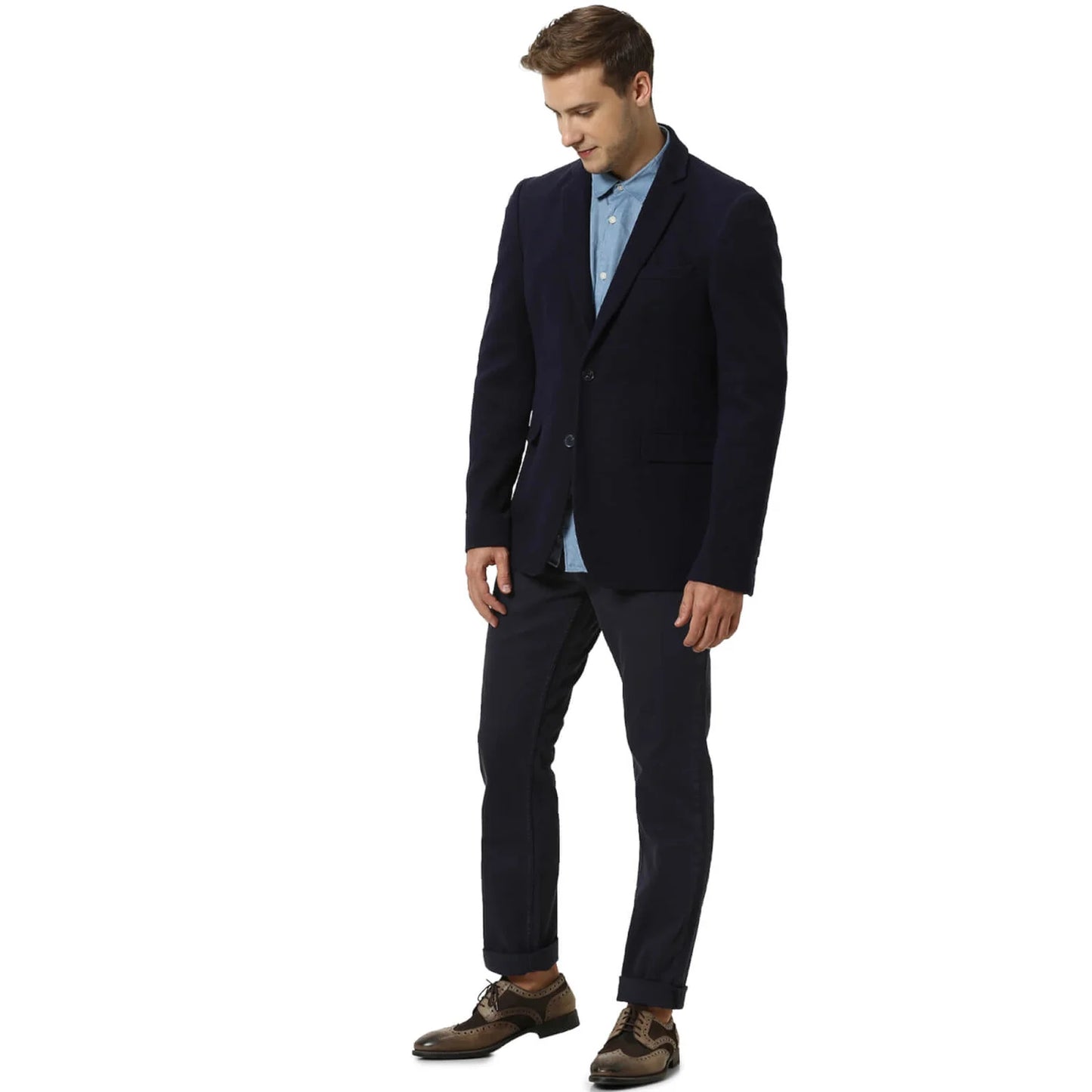 Navy Blue Solid Cotton Blazer