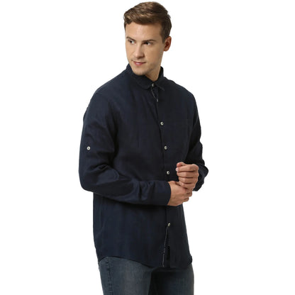 Navy Blue Solid Linen Shirt