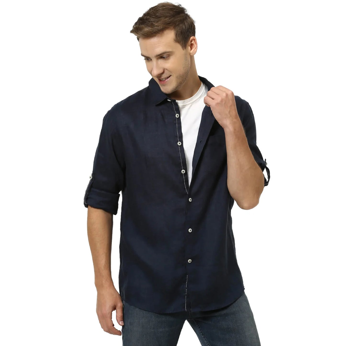 Navy Blue Solid Linen Shirt