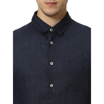 Navy Blue Solid Linen Shirt