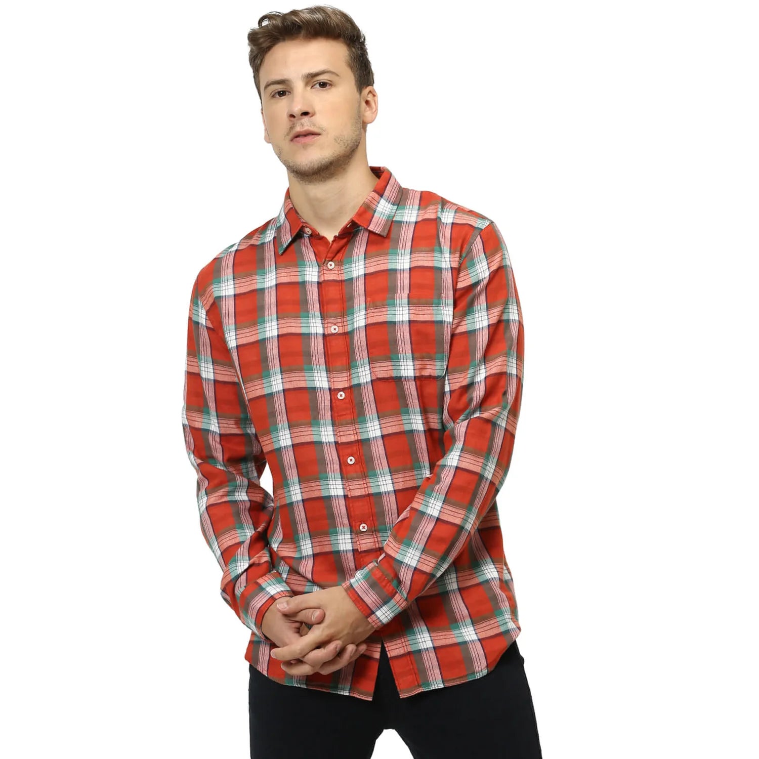 Orange Checks Cotton Shirt