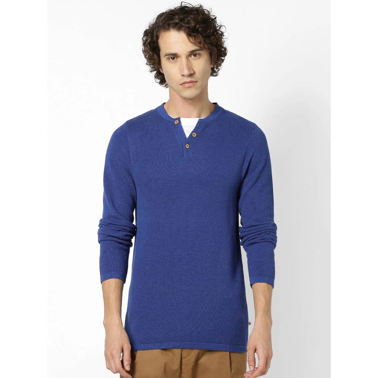 Blue Solid Cotton Sweater