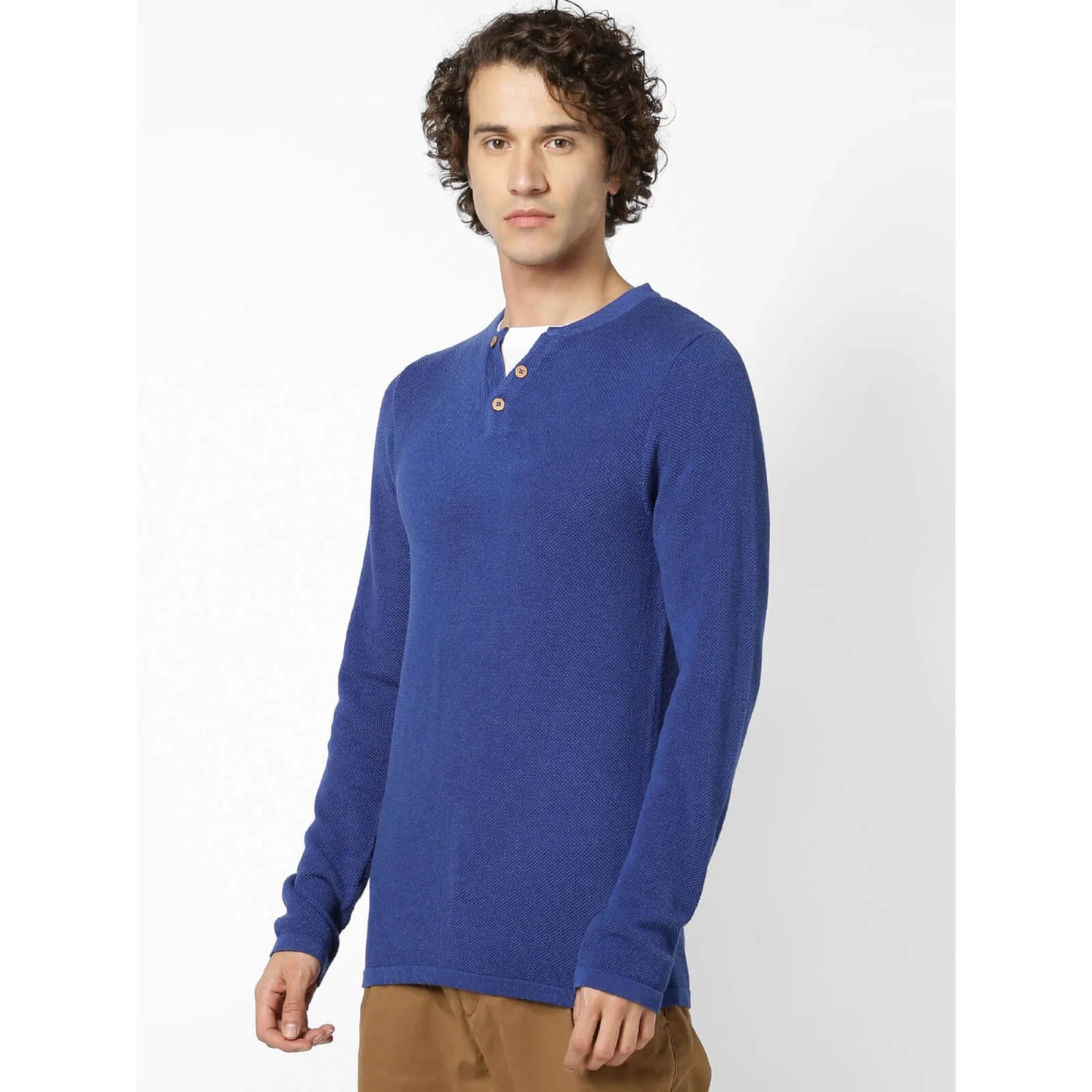 Blue Solid Cotton Sweater