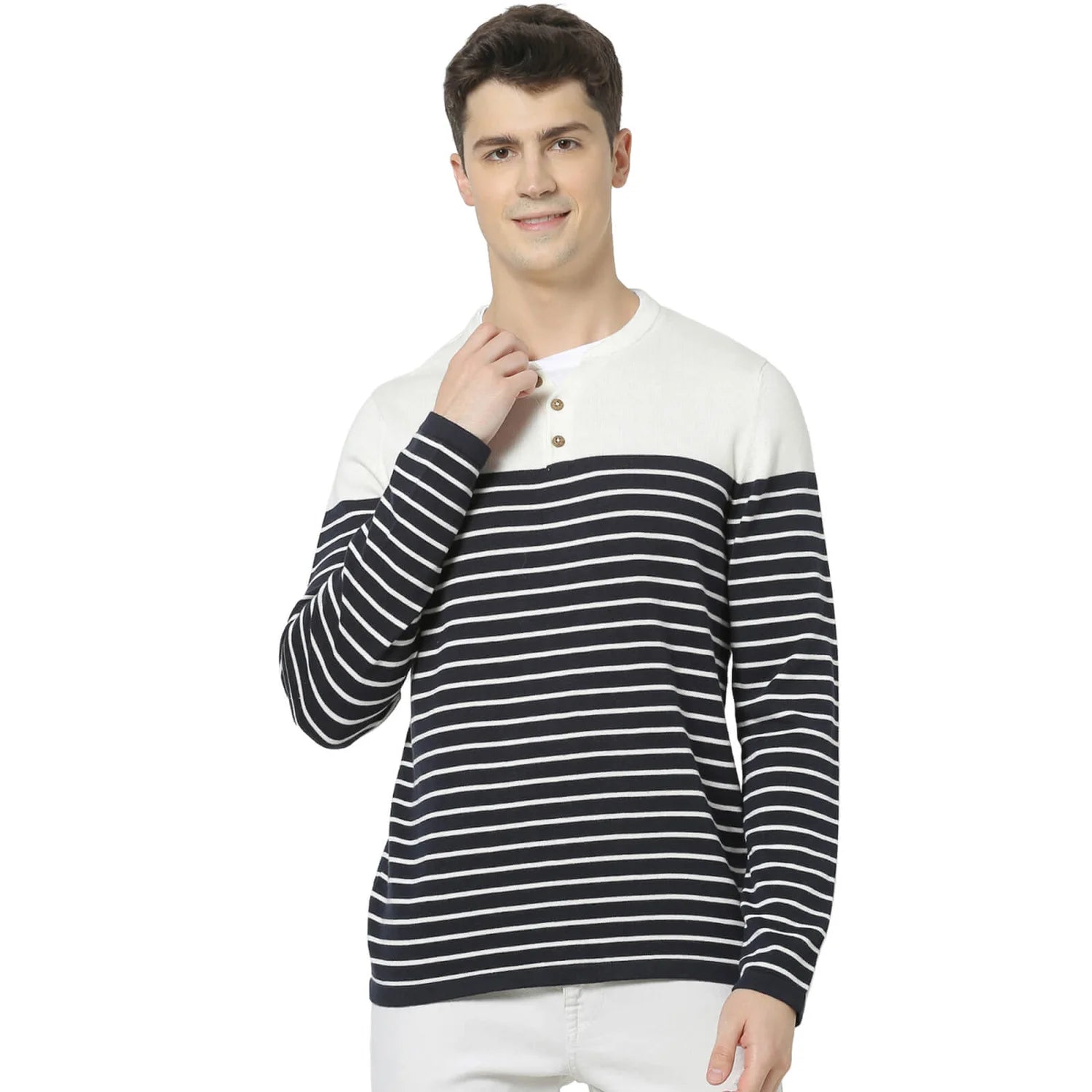 Navy Blue Striped Cotton Sweater