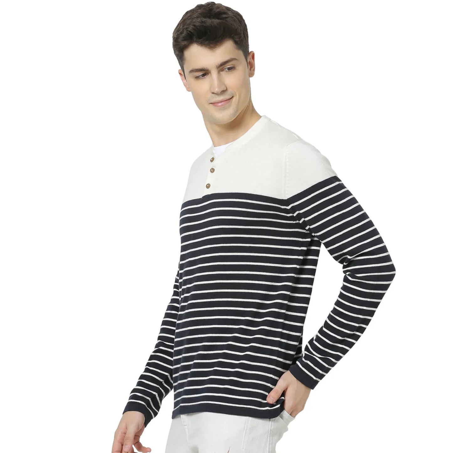 Navy Blue Striped Cotton Sweater