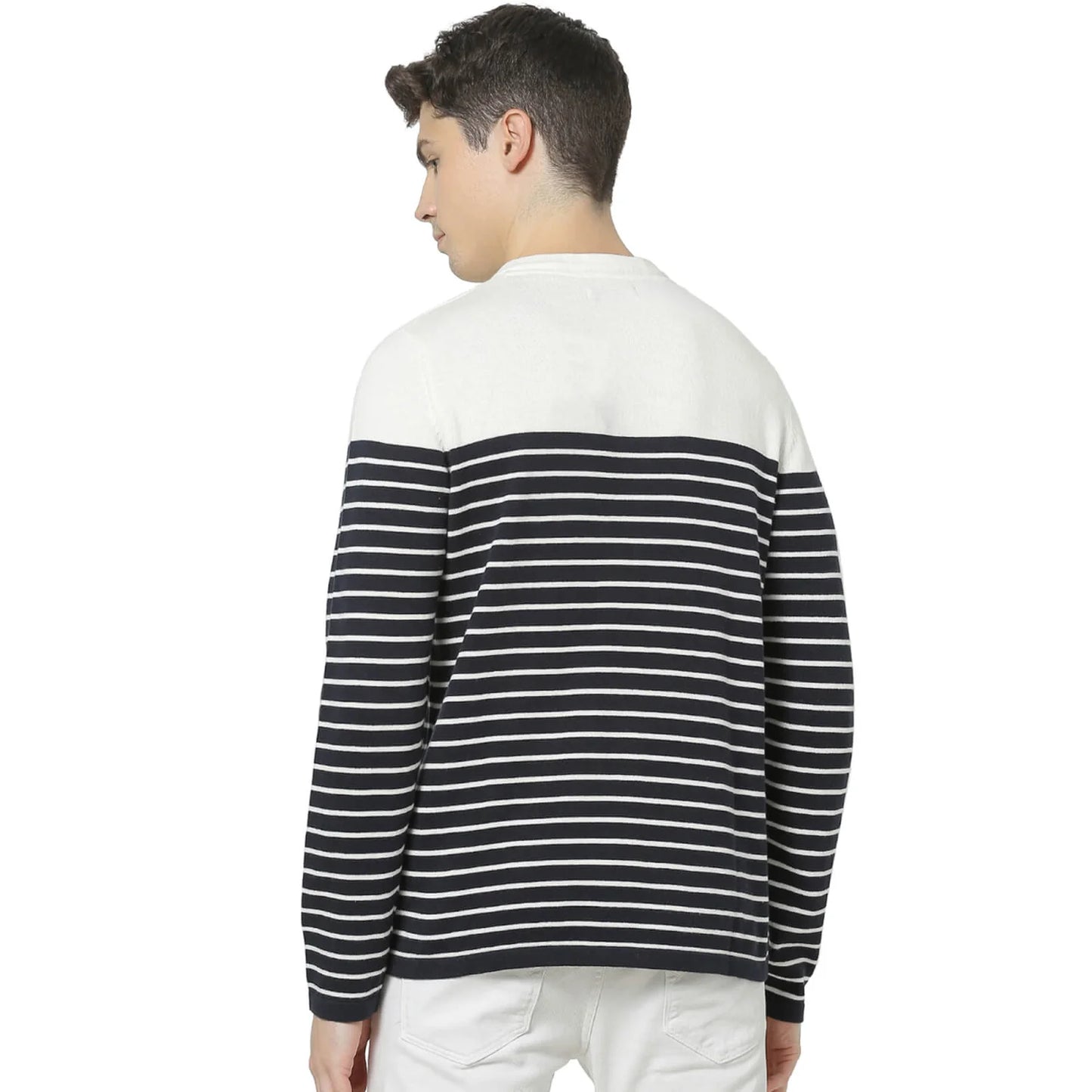 Navy Blue Striped Cotton Sweater