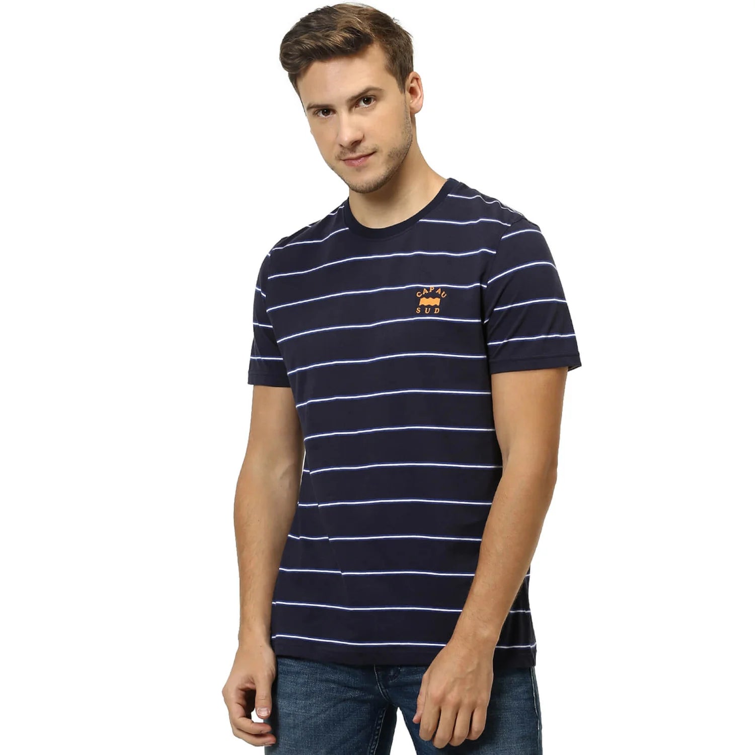 Navy Blue Striped Cotton T-shirt