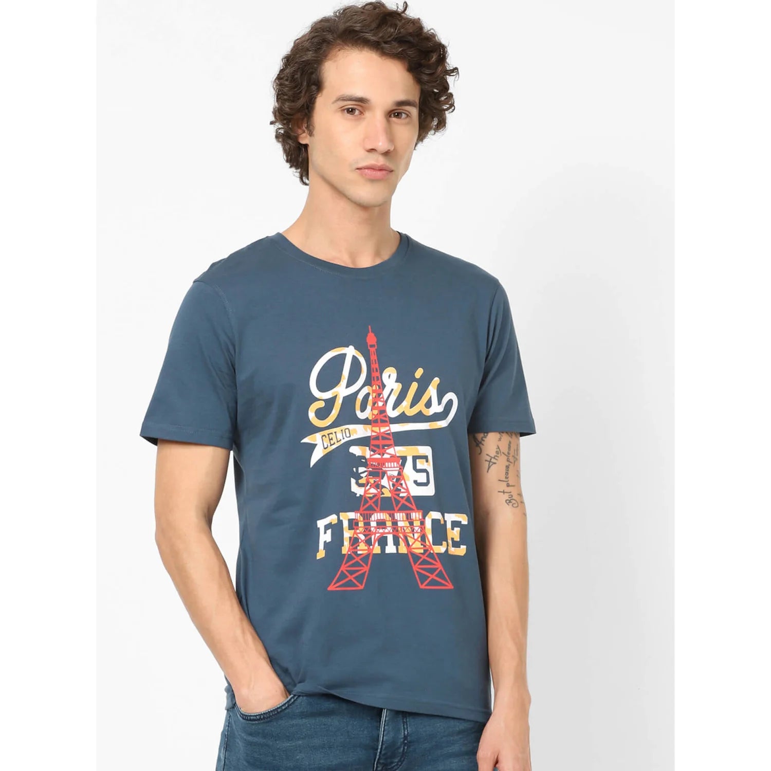 Blue Printed Cotton T-shirt