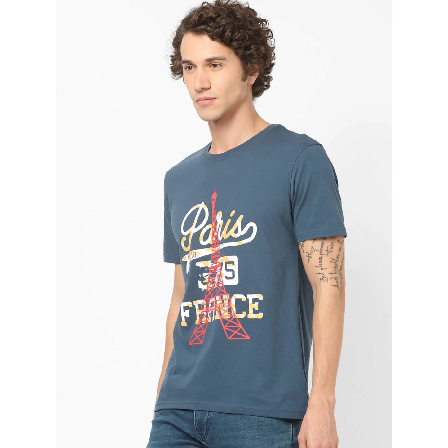 Blue Printed Cotton T-shirt