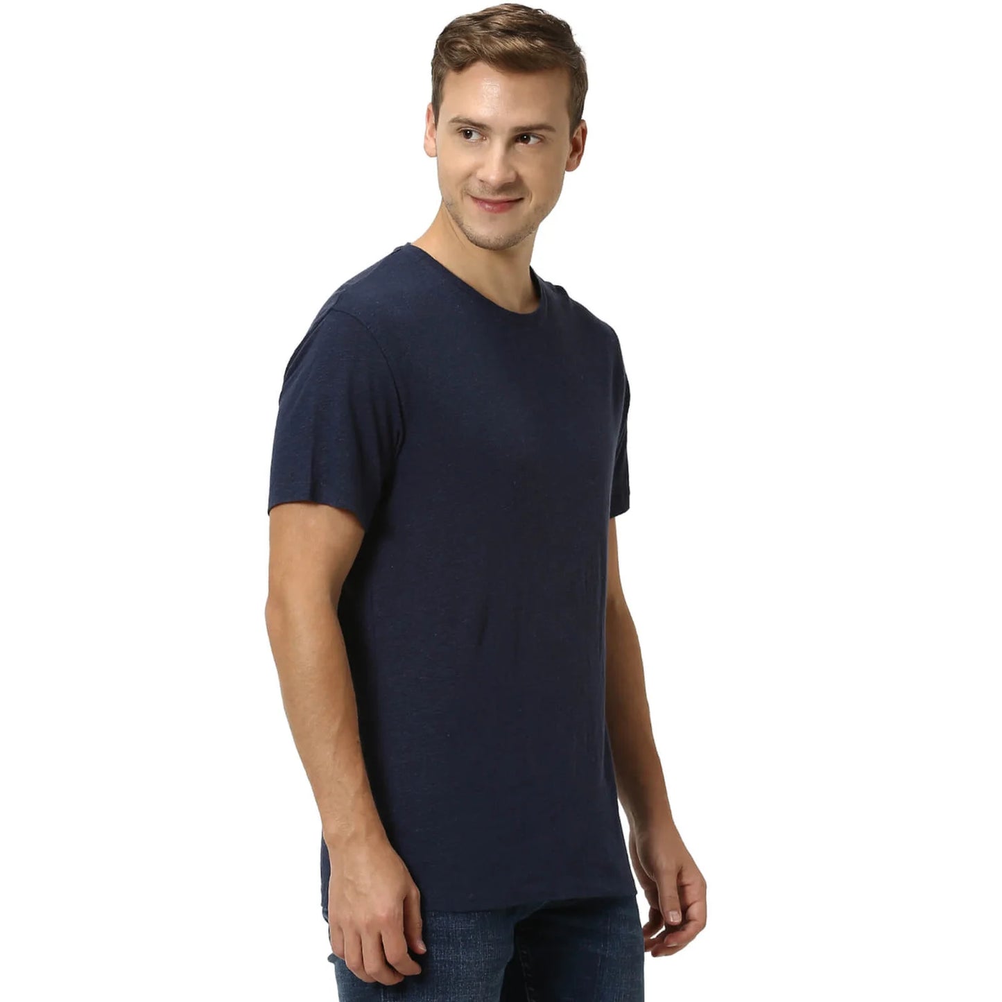 Navy Blue Solid Linen T-shirt