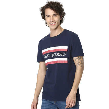 Navy Blue Printed Cotton T-shirt