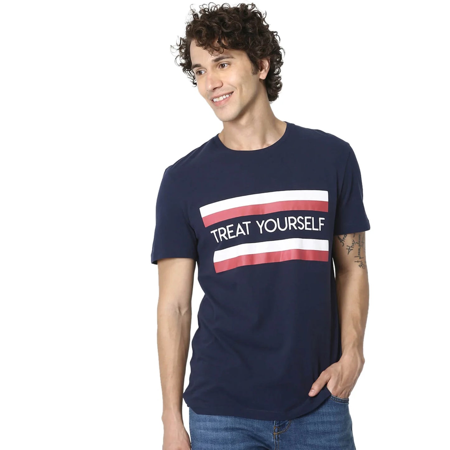 Navy Blue Printed Cotton T-shirt