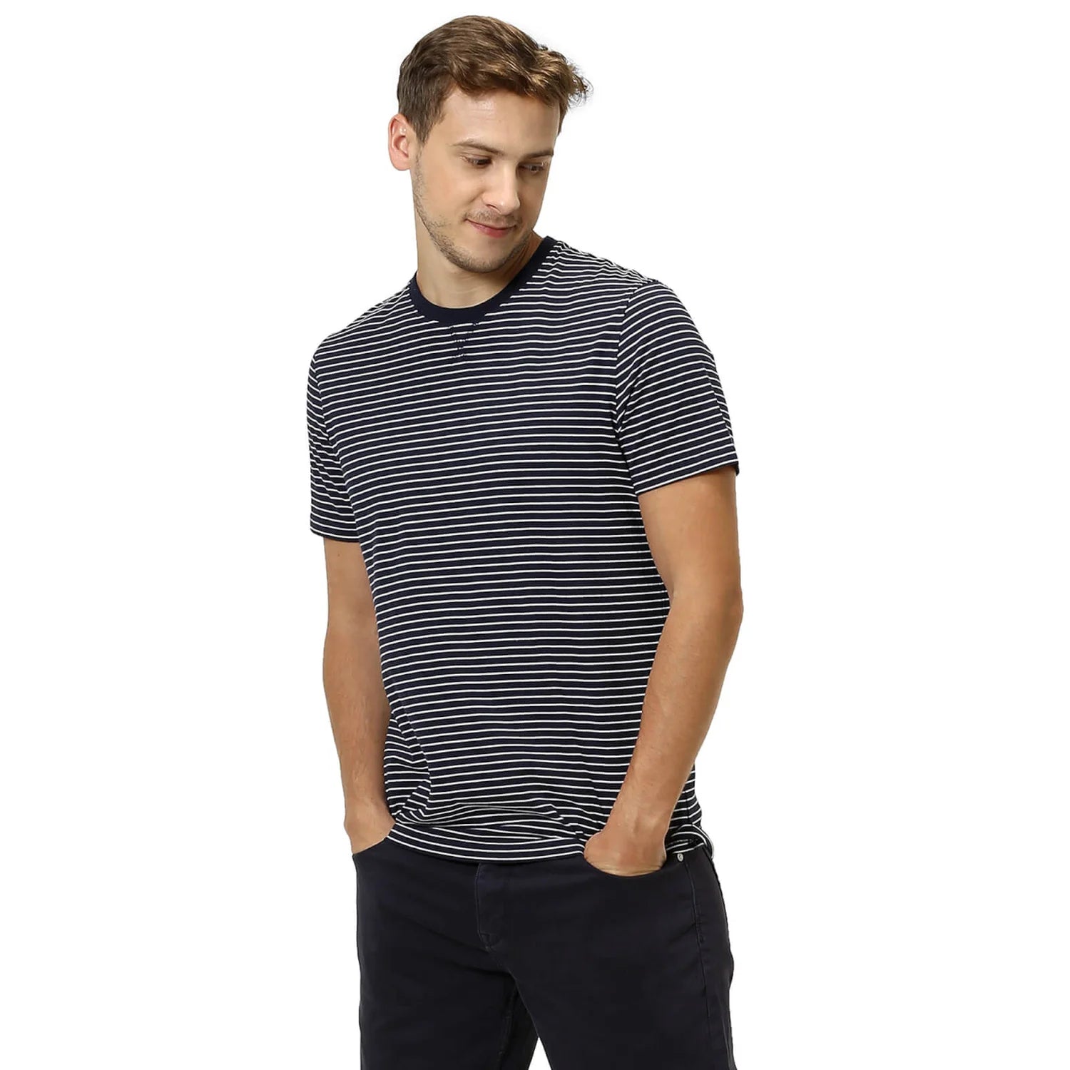 Navy Blue Striped Cotton T-shirt