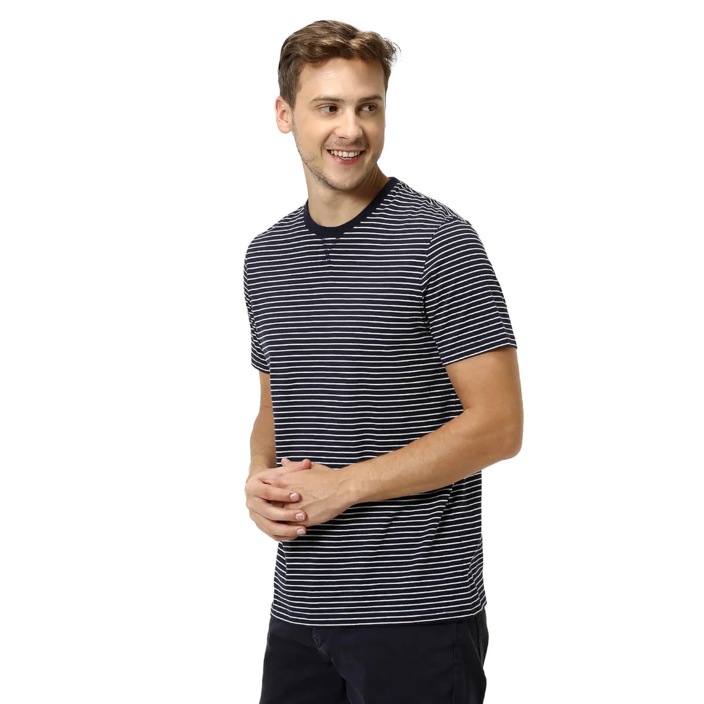 Navy Blue Striped Cotton T-shirt