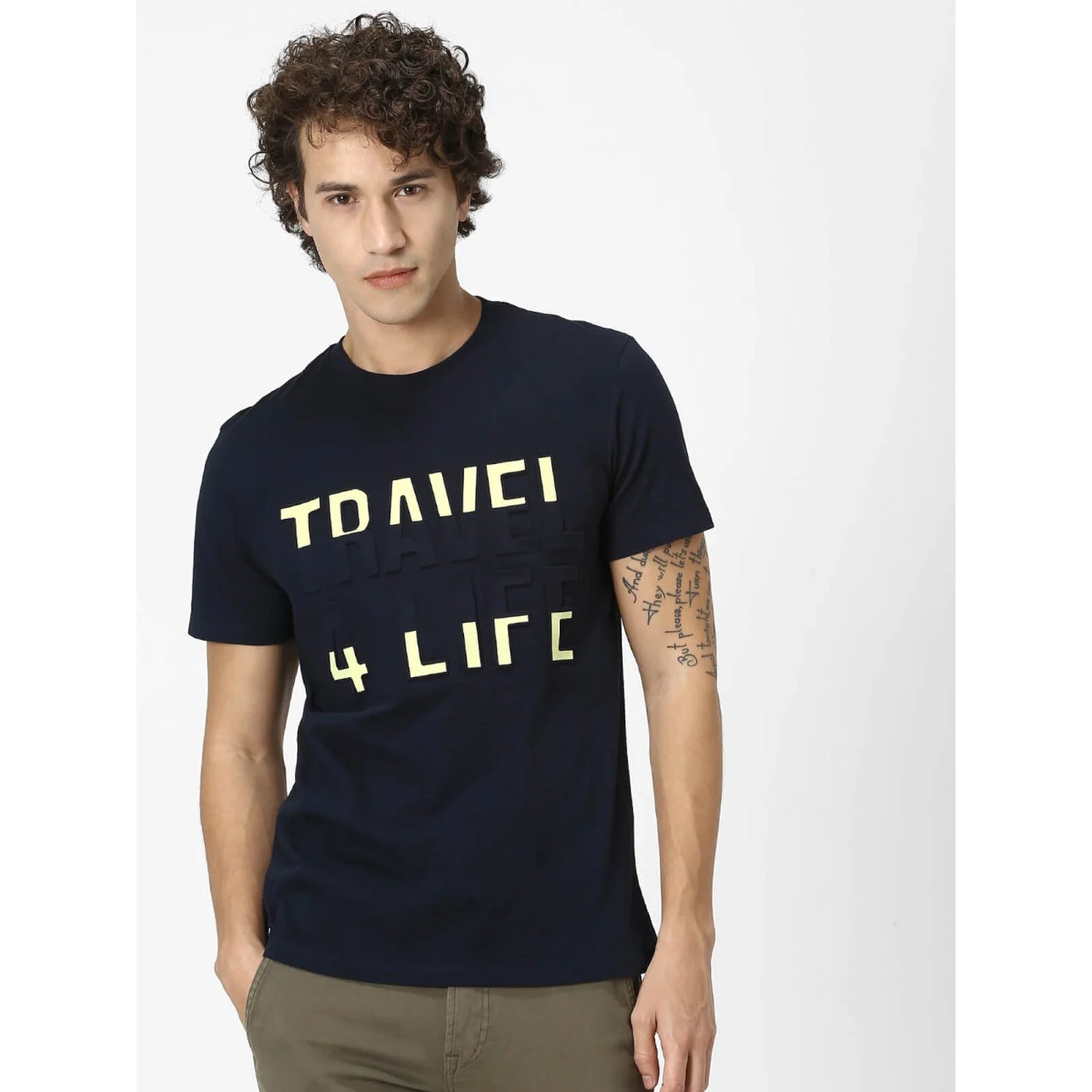 Navy Blue Printed Cotton T-shirt