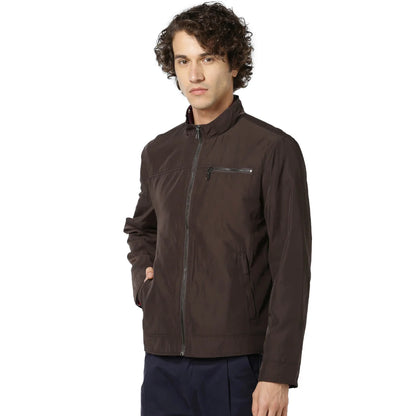 Brown Solid Cotton Blend Jacket