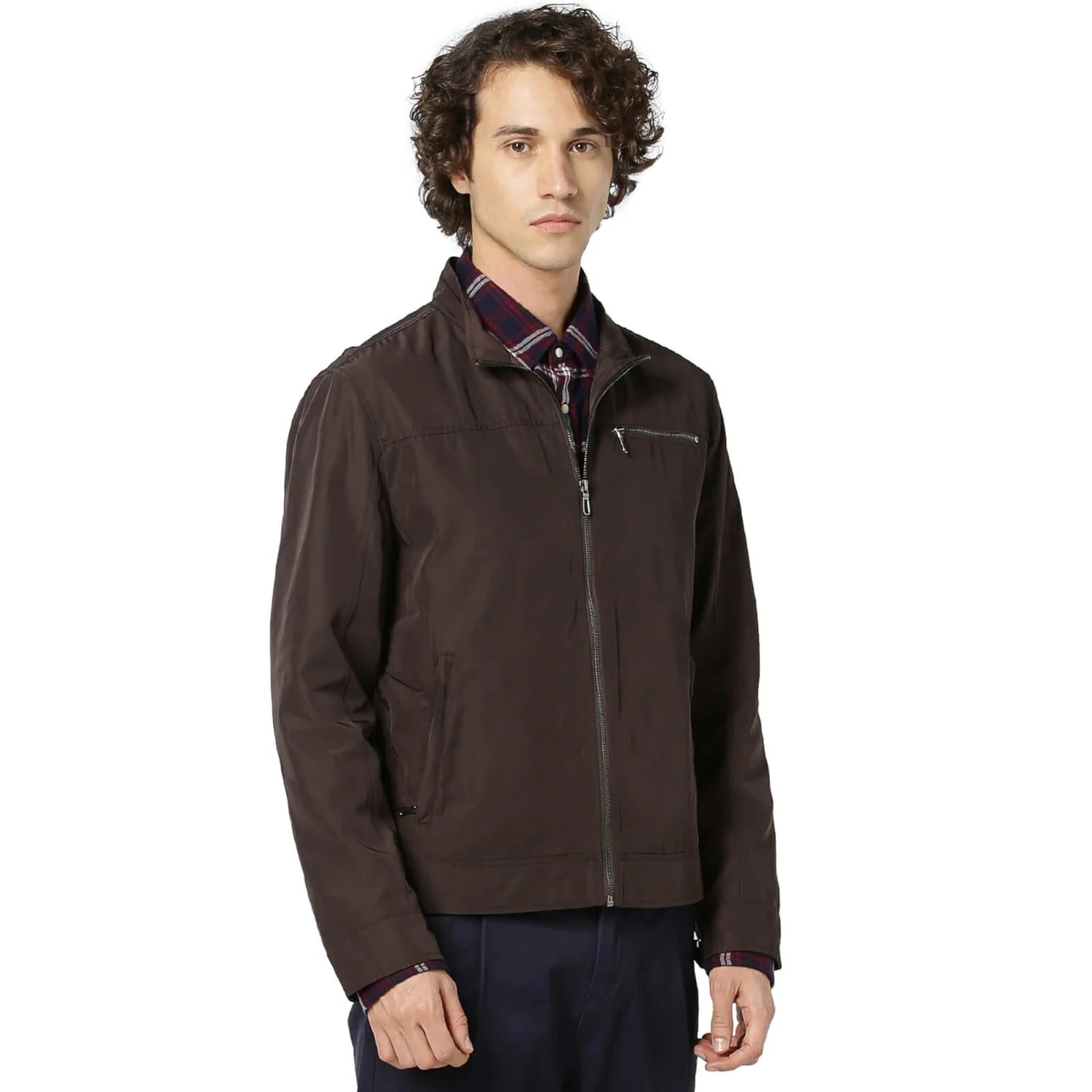 Brown Solid Cotton Blend Jacket