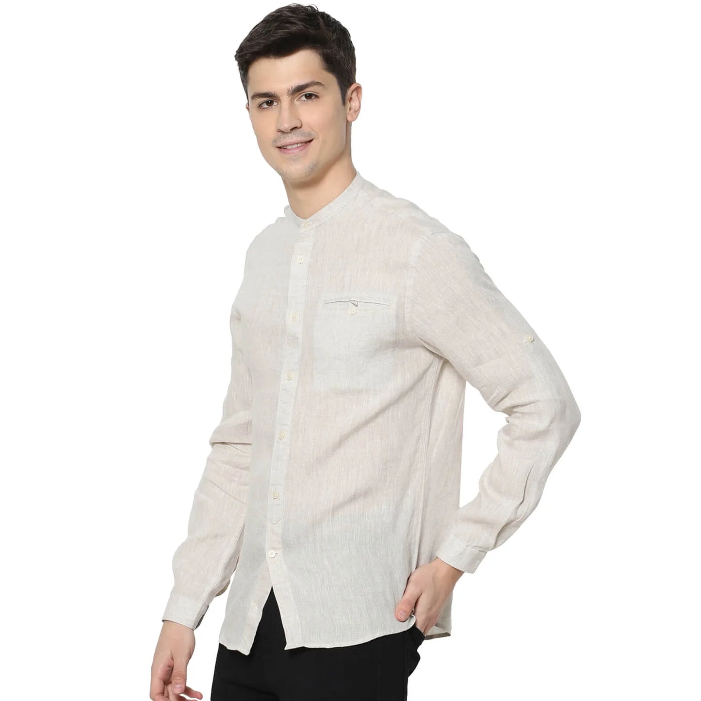 Off White Solid Linen Shirt