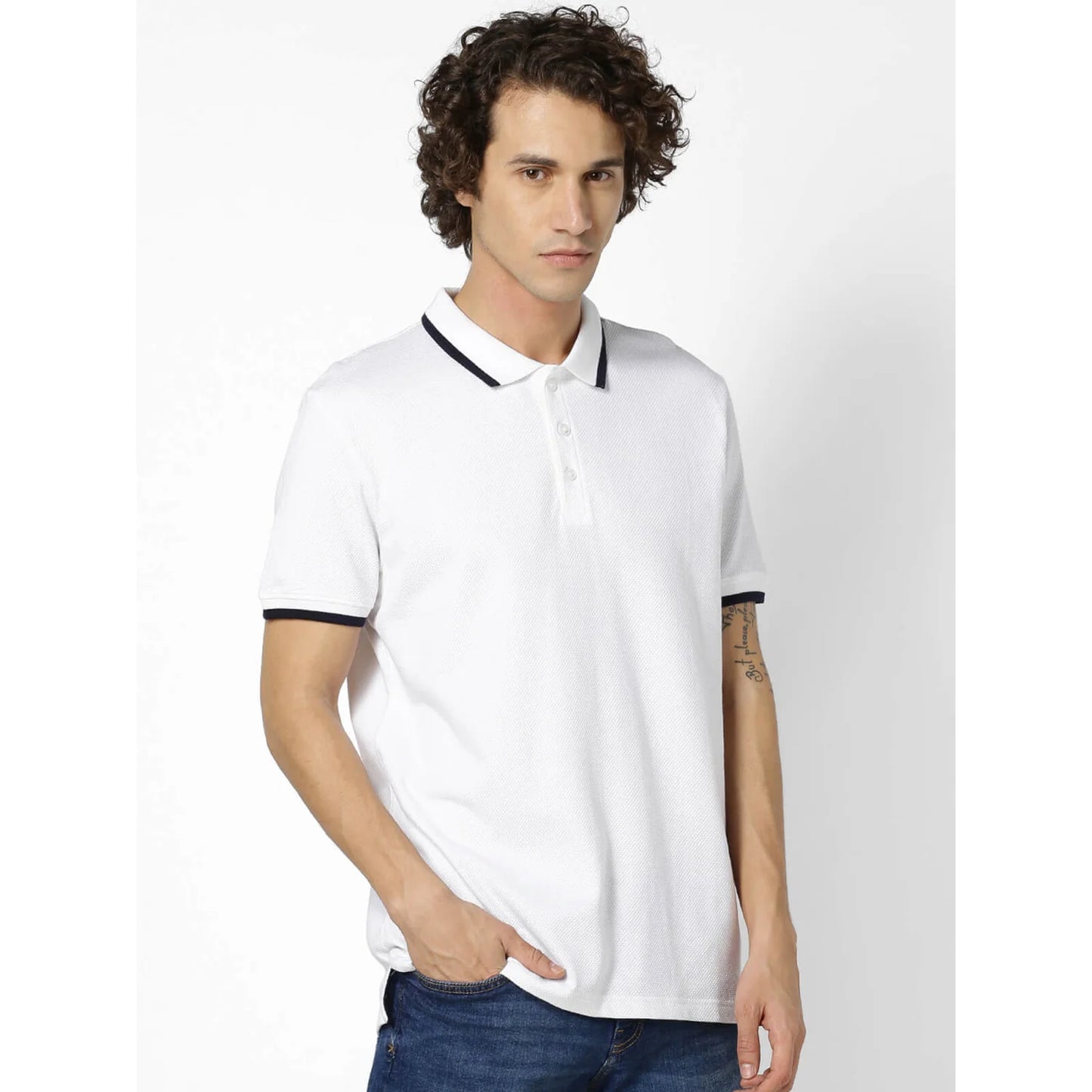 White Solid Cotton Blend Polo