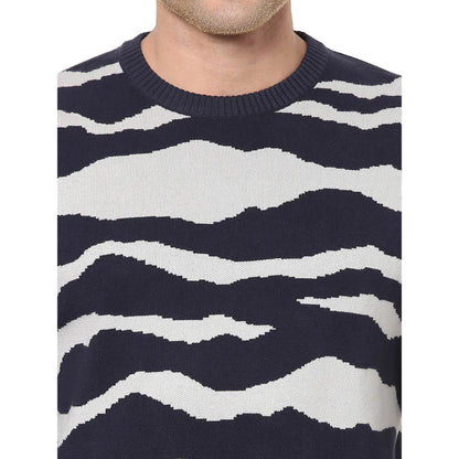 Navy Blue Printed Cotton Sweater