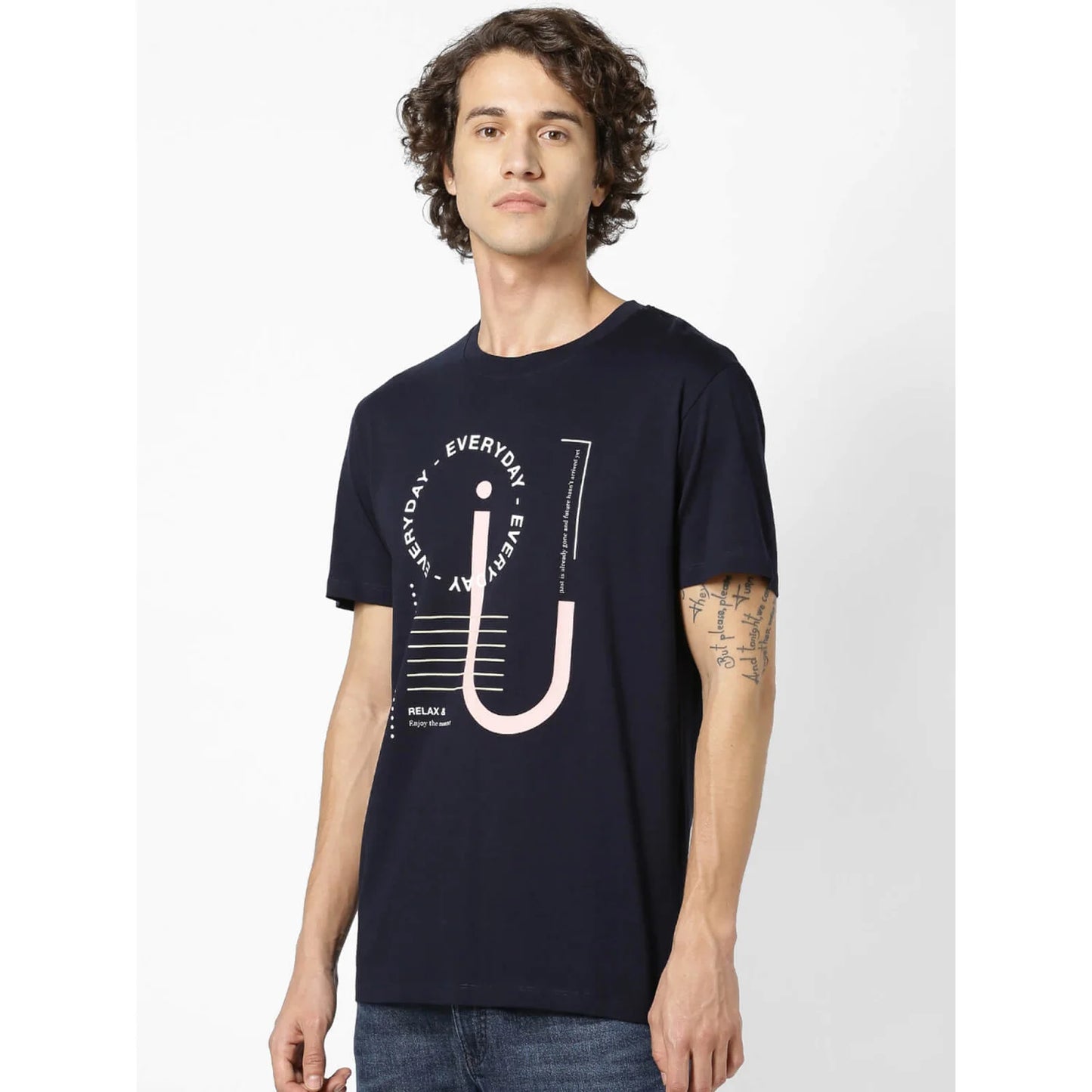 Navy Blue Printed Cotton T-shirt