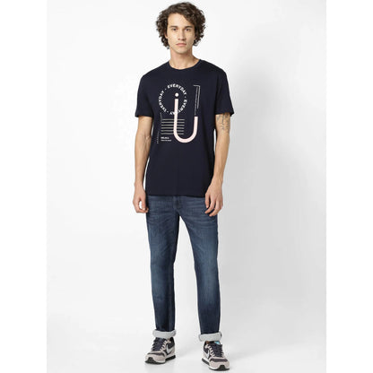 Navy Blue Printed Cotton T-shirt