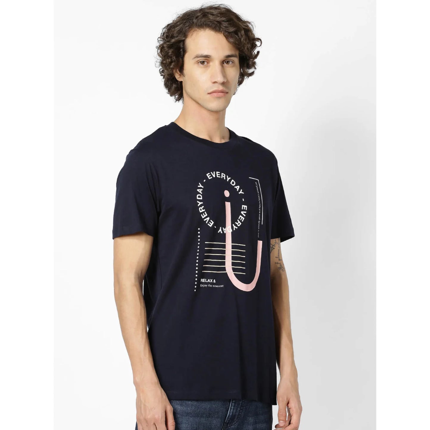 Navy Blue Printed Cotton T-shirt