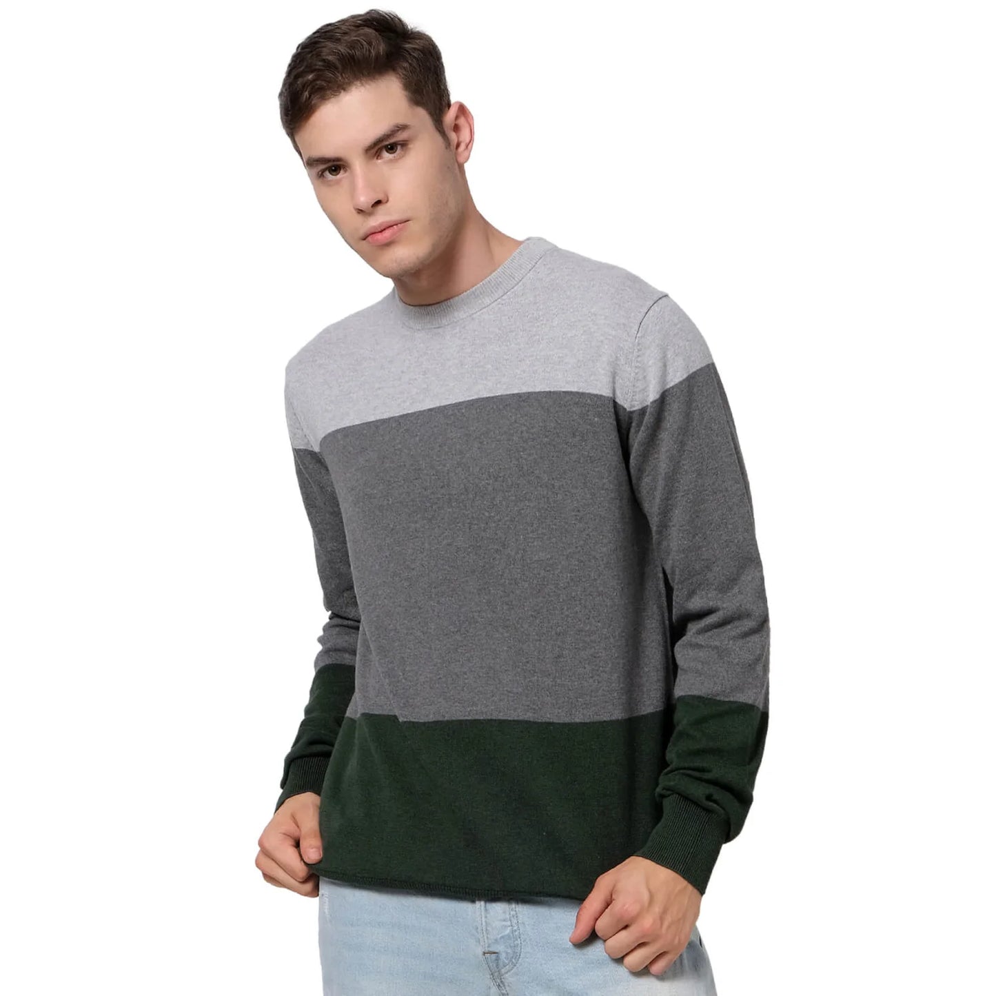 Green Colourblock Cotton Sweater