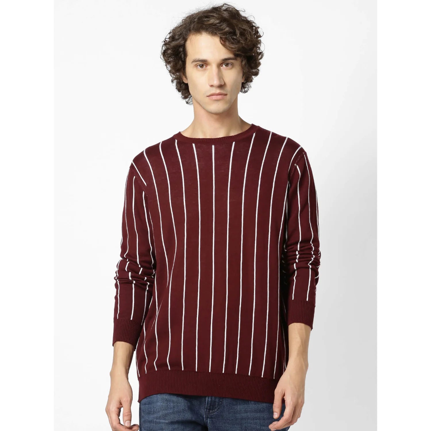 Maroon Striped Cotton Sweater