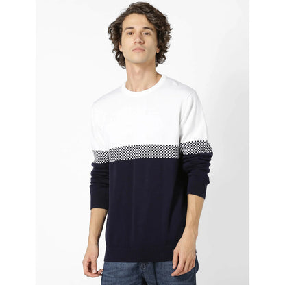 Navy Blue Colourblock Cotton Sweater