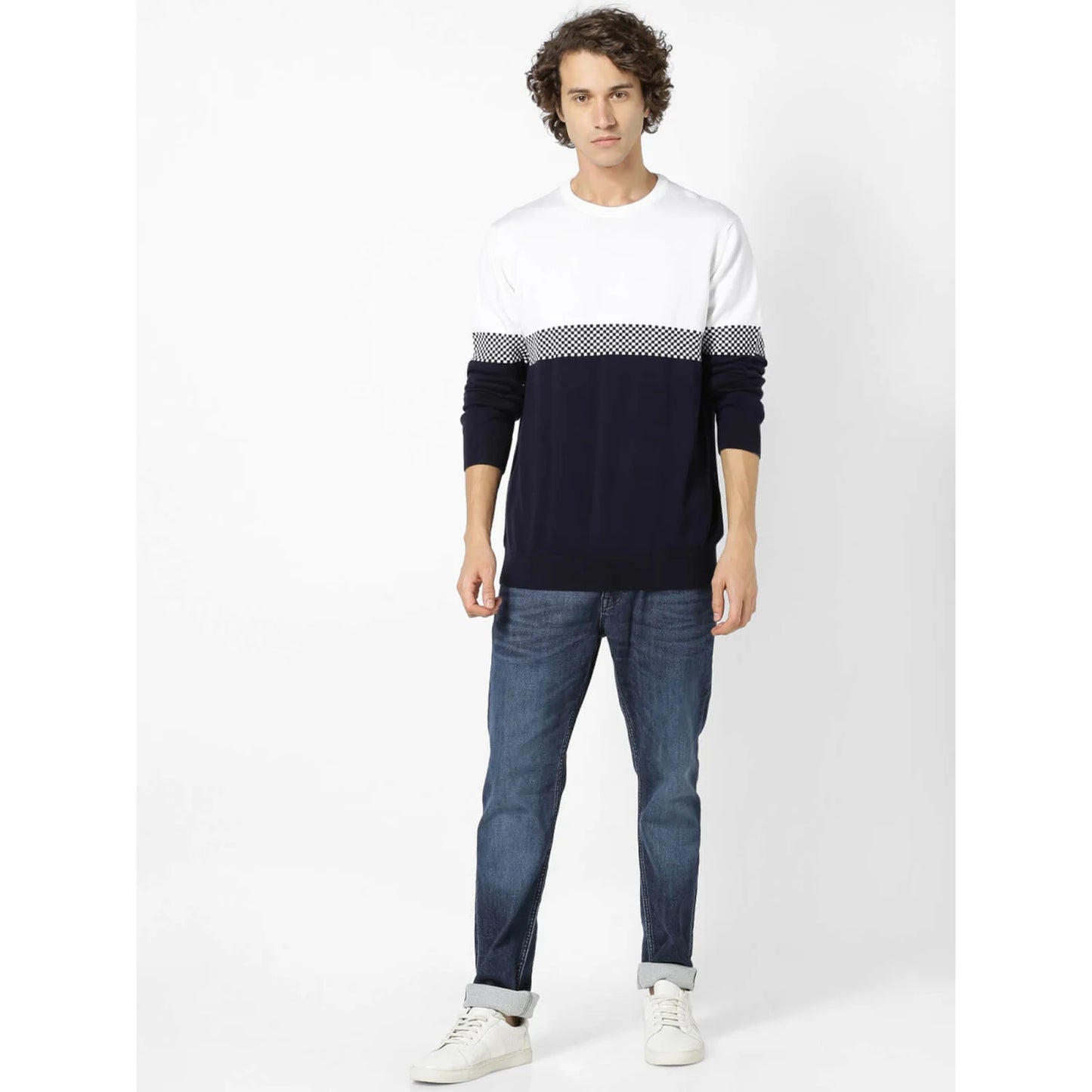 Navy Blue Colourblock Cotton Sweater