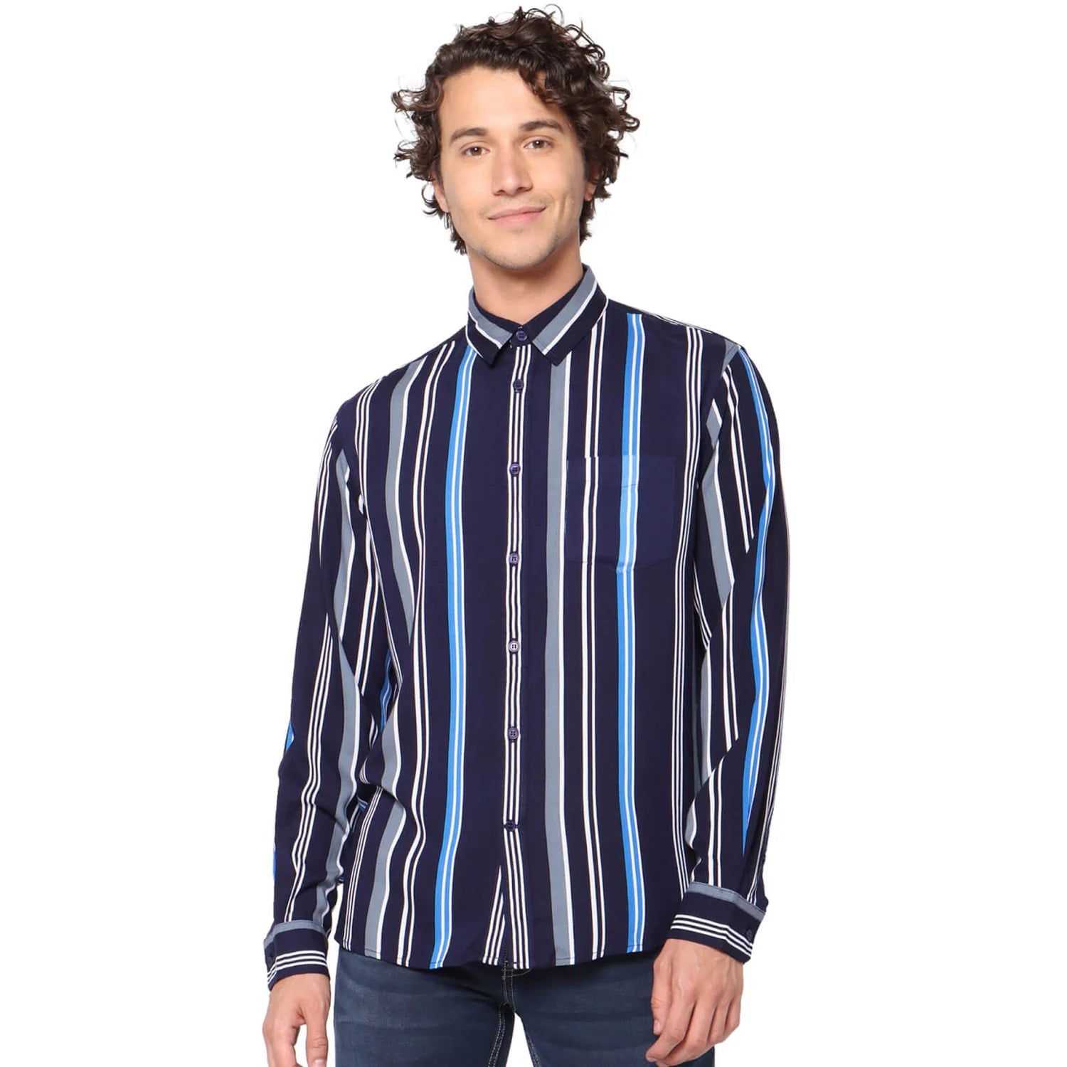 Celio* Striped Regular Fit Viscose Navy Blue Shirt