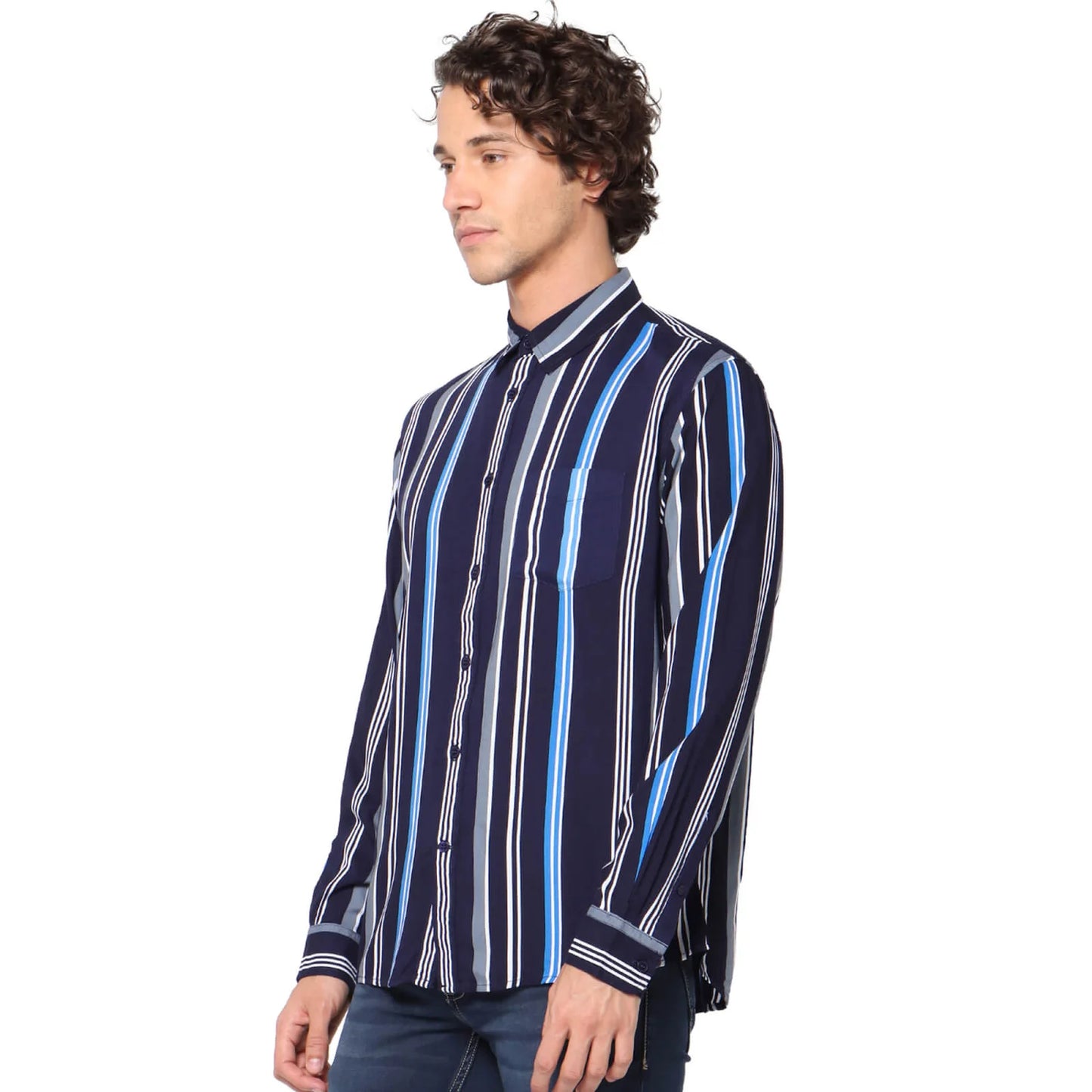 Navy Blue Striped Viscose Shirt