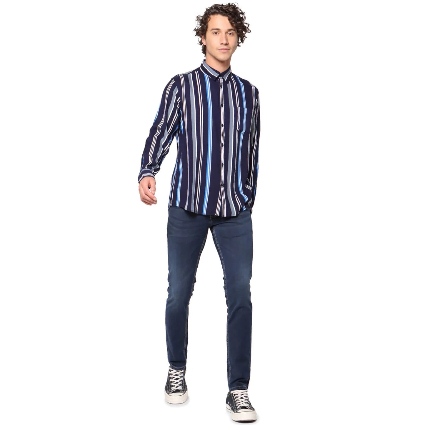 Navy Blue Striped Viscose Shirt