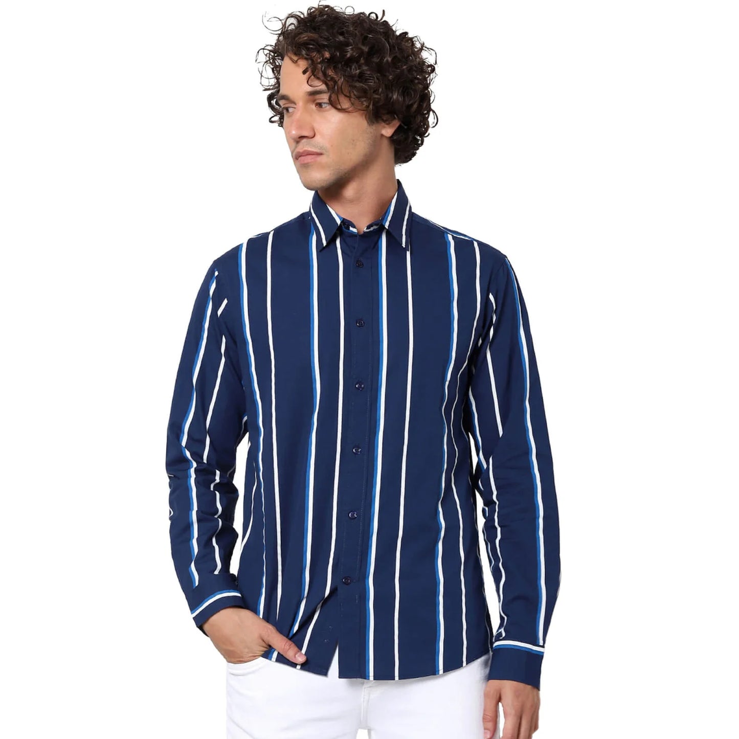 Celio* Striped Regular Fit Cotton Navy Blue Shirt