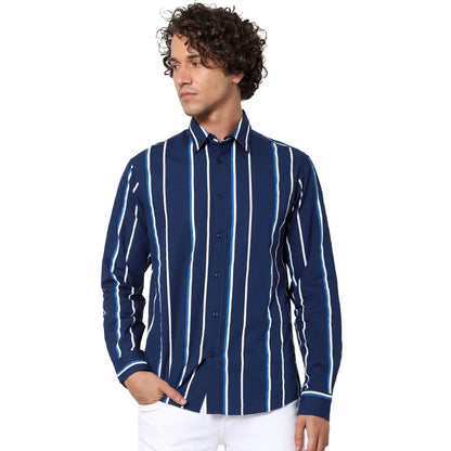 Celio* Striped Regular Fit Cotton Navy Blue Shirt
