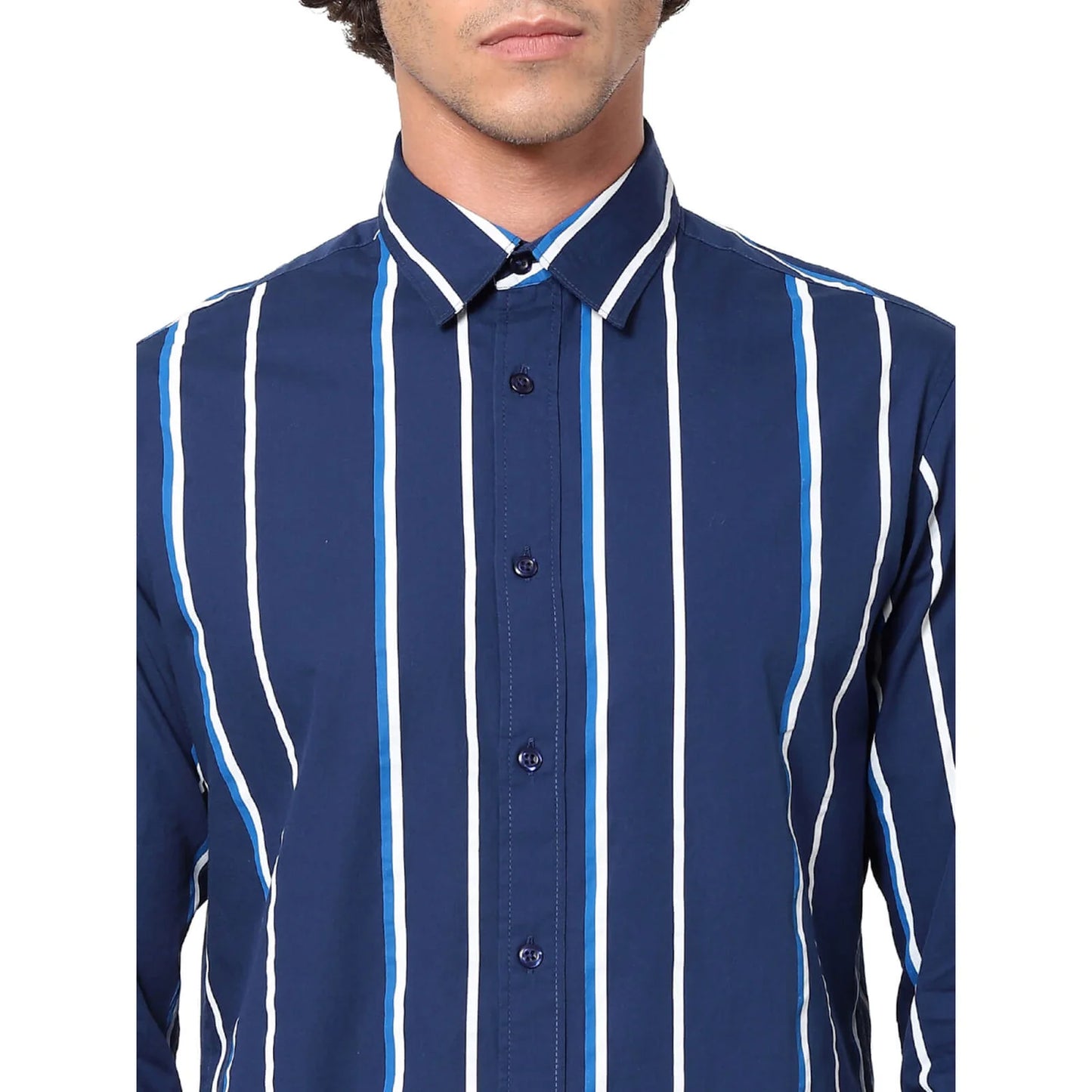Celio* Striped Regular Fit Cotton Navy Blue Shirt