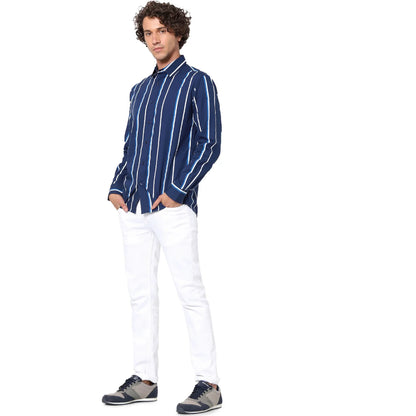 Celio* Striped Regular Fit Cotton Navy Blue Shirt